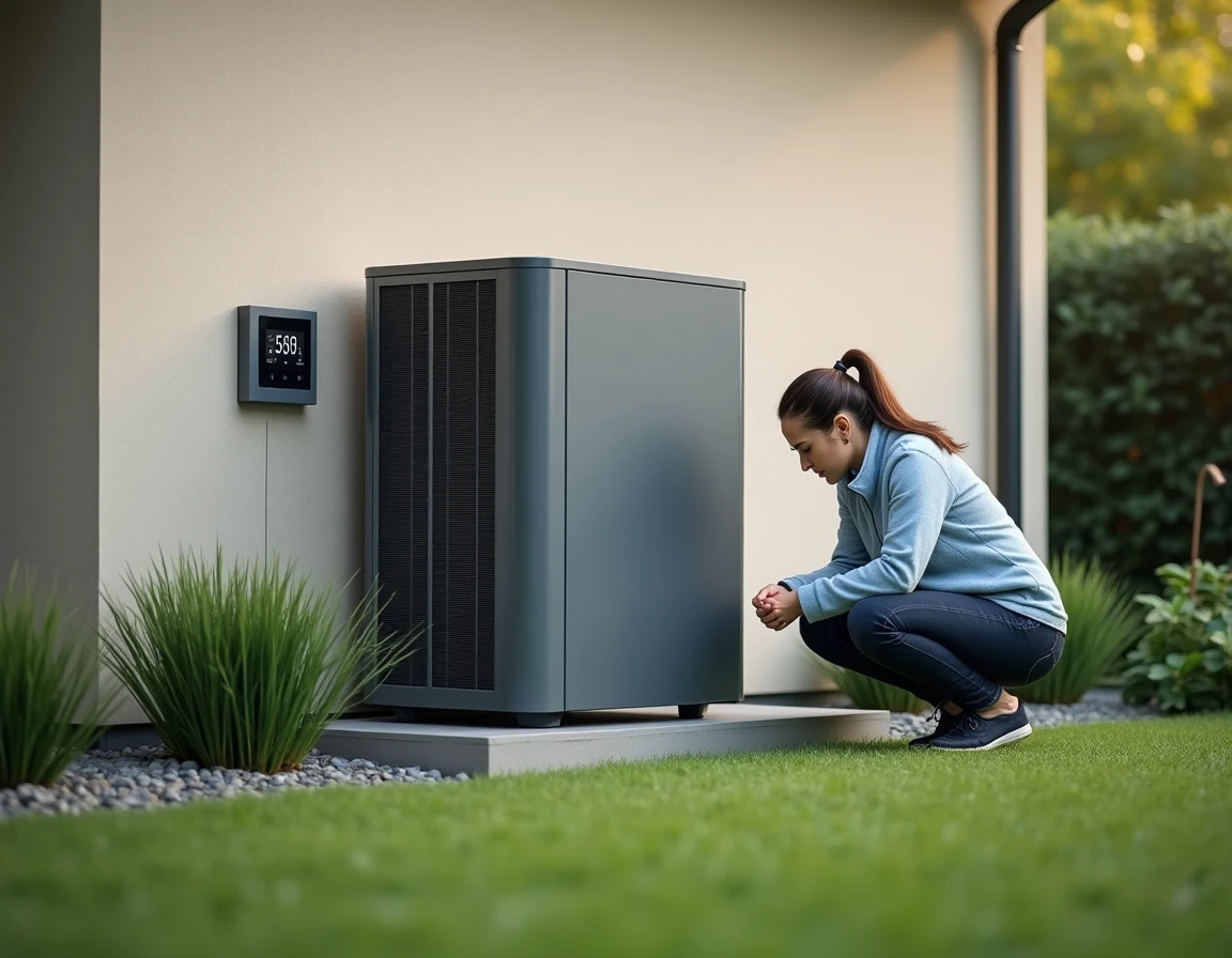 Femme inspectant une pompe à chaleur air eau extérieure de 11 kW installée sur fond de maison pavillonnaire