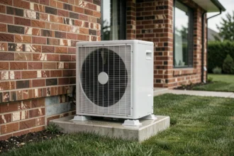 Pompe à chaleur air eau installée sur la façade extérieure d'une maison contemporaine avec pelouse entretenue