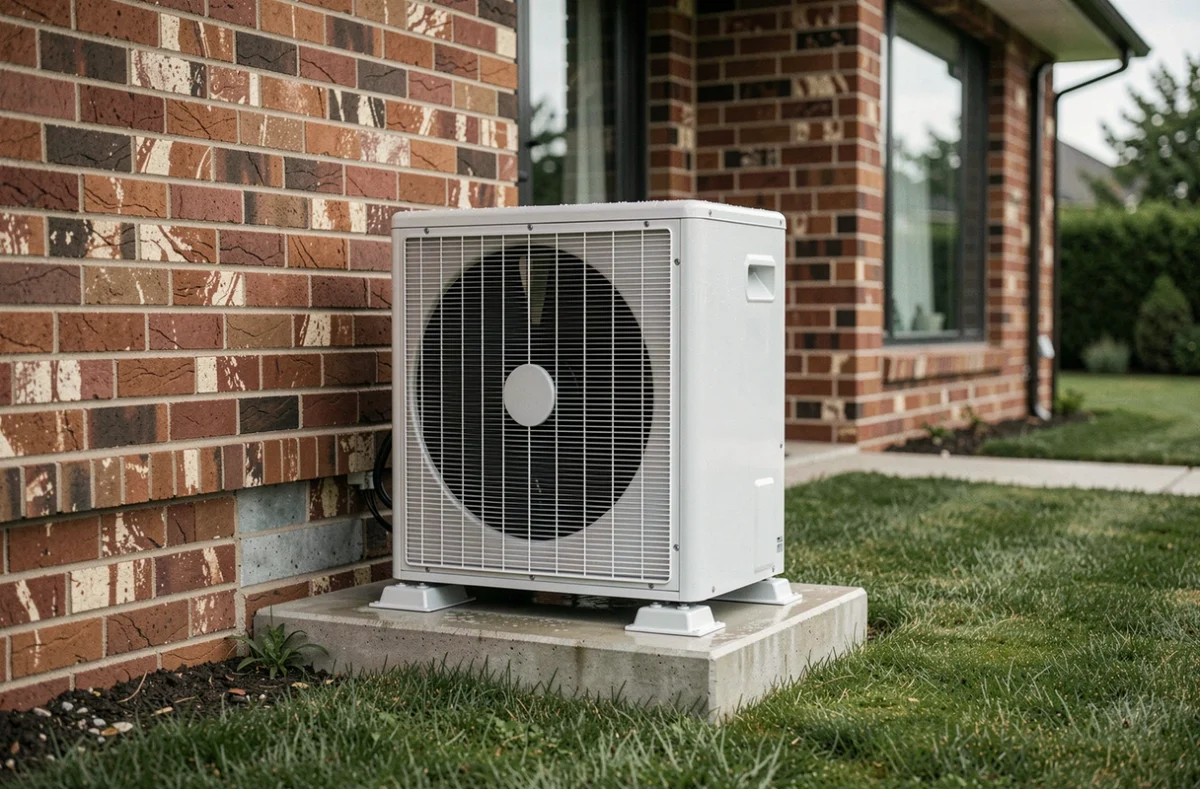 Pompe à chaleur air eau installée sur la façade extérieure d'une maison contemporaine avec pelouse entretenue