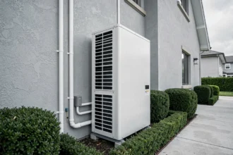 Pompe à chaleur air-air installée sur la façade extérieure d'une maison moderne avec jardin