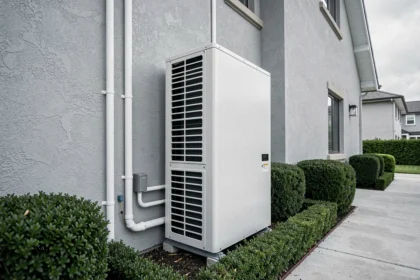 Pompe à chaleur air-air installée sur la façade extérieure d'une maison moderne avec jardin