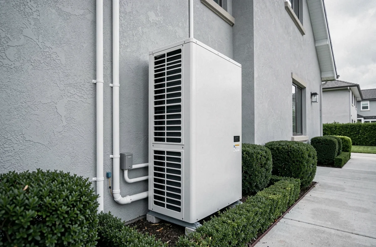 Pompe à chaleur air-air installée sur la façade extérieure d'une maison moderne avec jardin