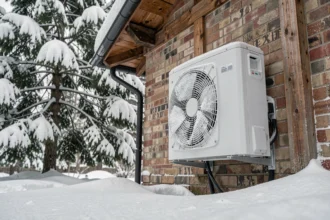 Pompe à chaleur air-air installée sur facade extérieure en hiver sous la neige