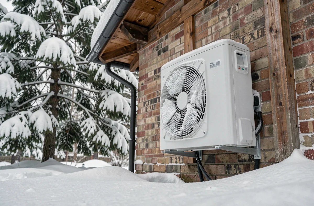 Pompe à chaleur air-air installée sur facade extérieure en hiver sous la neige