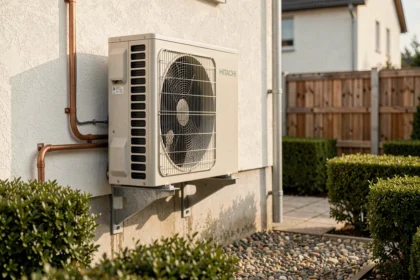 Pompe à chaleur Hitachi installée sur la façade extérieure d'une maison résidentielle avec tuyaux en cuivre apparents
