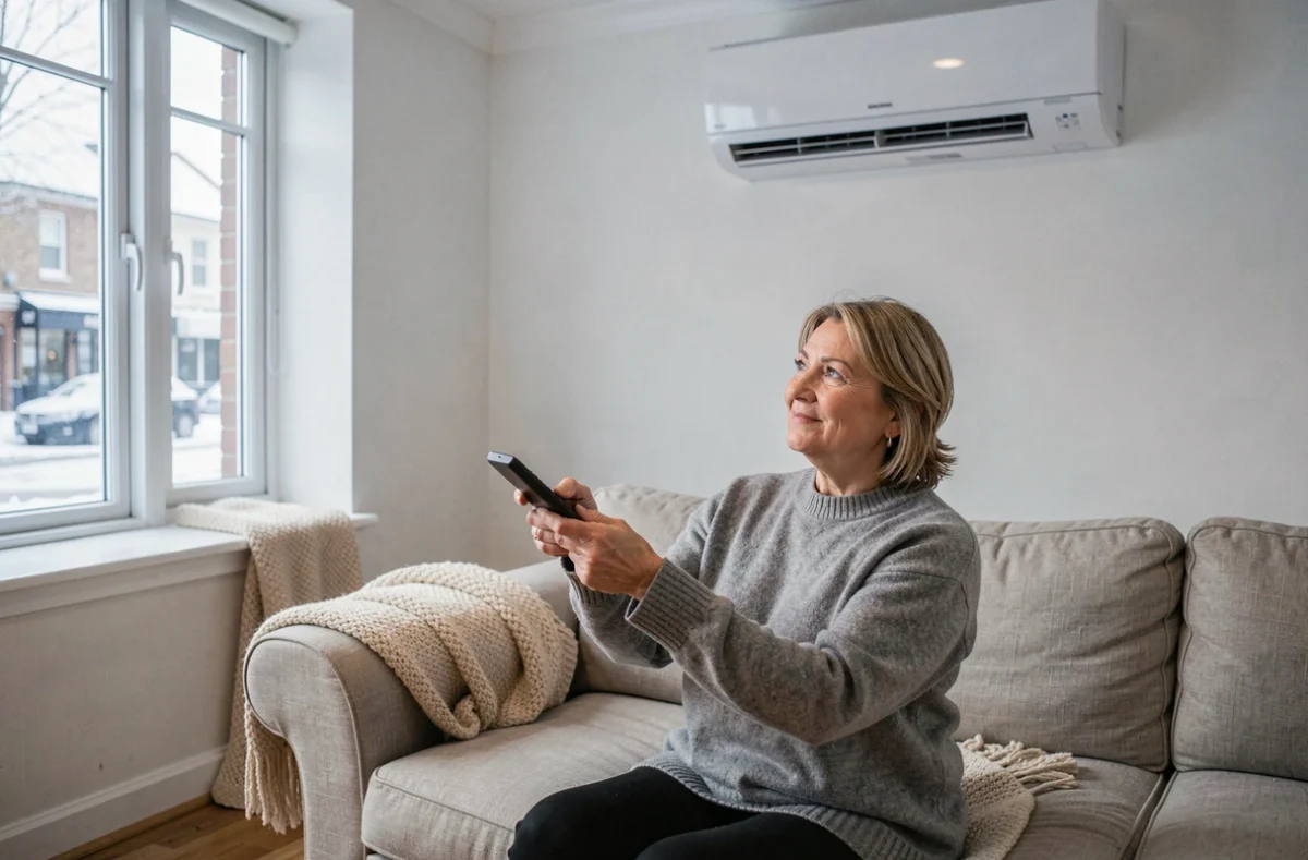 Femme utilisant une pompe à chaleur réversible dans un salon confortable en hiver
