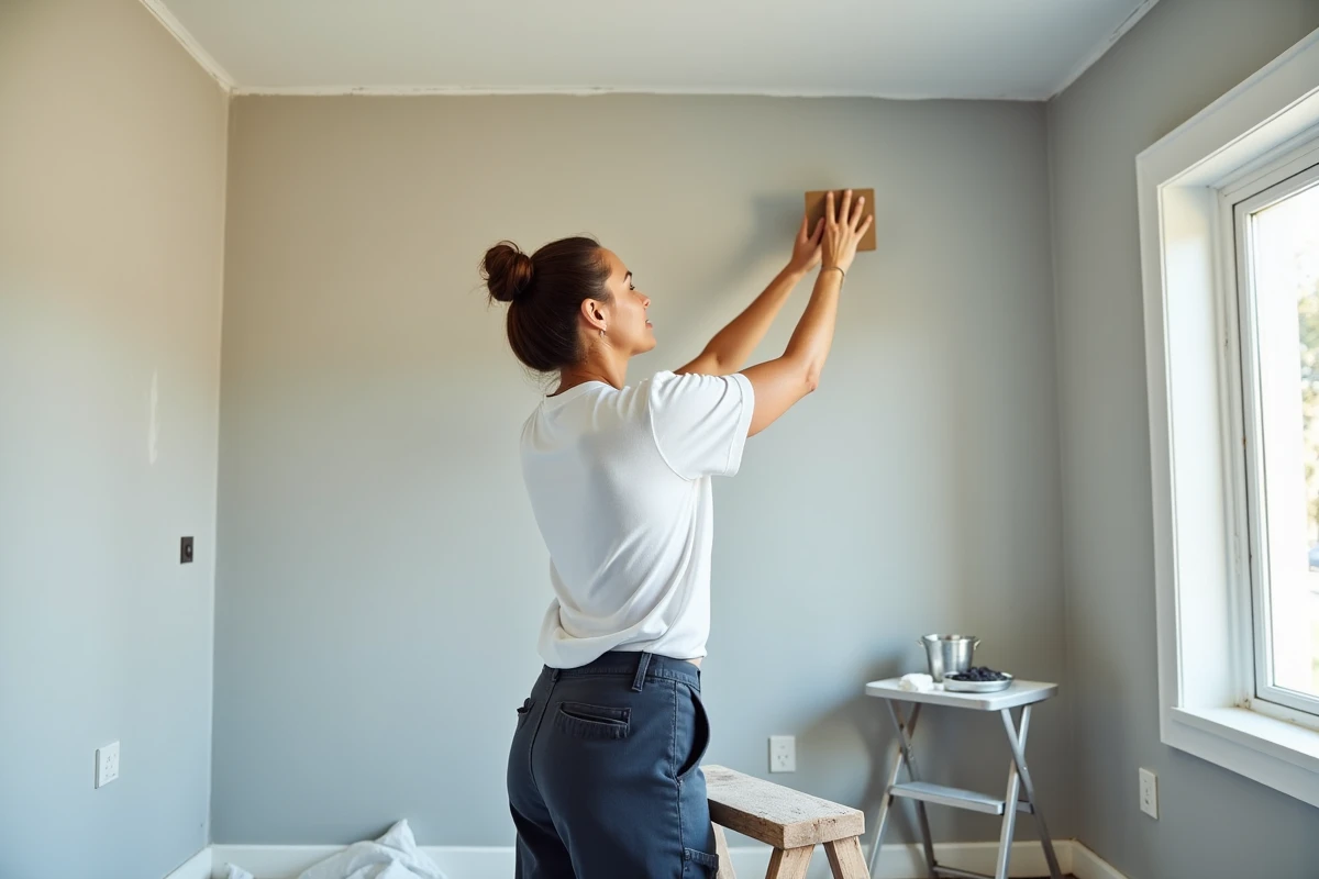 Femme ponçant un angle plafond-mur après application d'enduit de rebouchage lors d'une rénovation intérieure