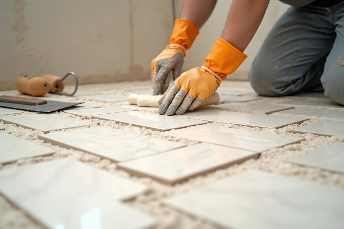 Pose de carrelage en chevron par un carreleur professionnel dans une salle de bains en cours de rénovation