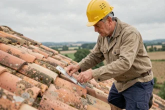 Couvreur posant un support de panneau solaire sur une toiture en tuile canal en terre cuite