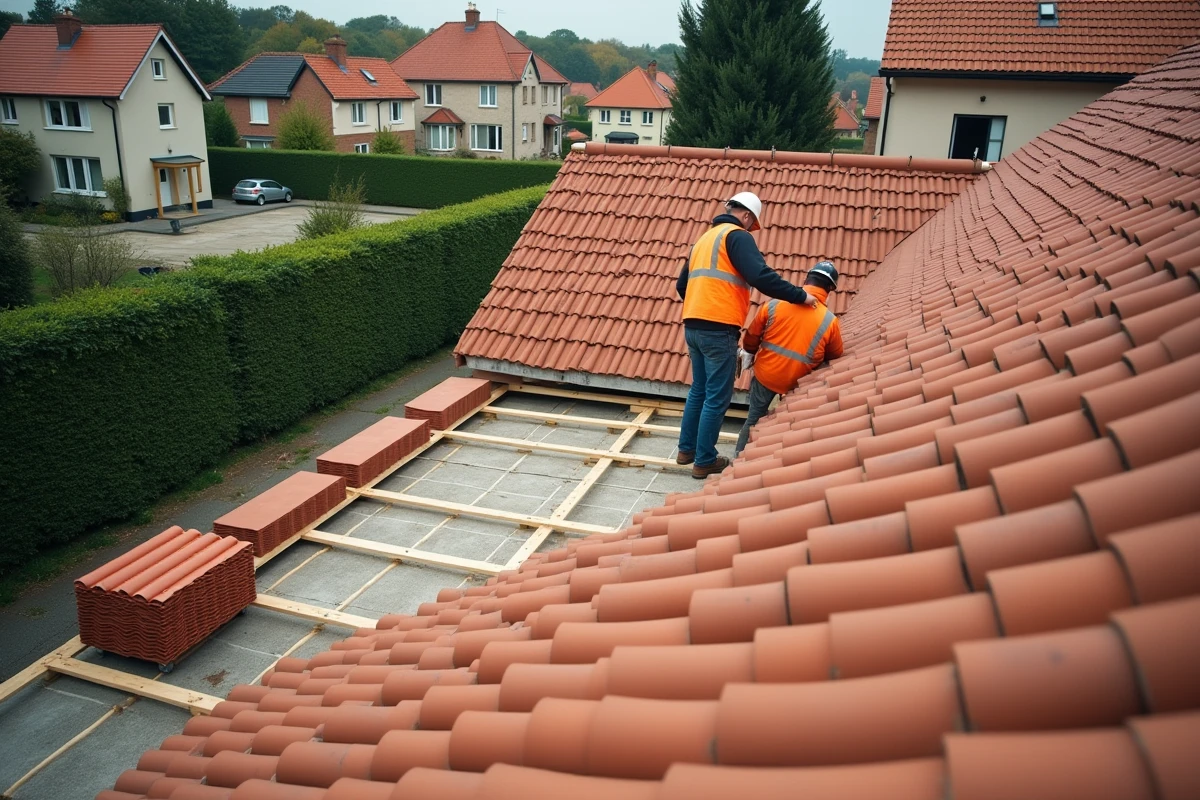 Pose de tuiles en terre cuite sur la charpente d'une maison neuve de 100m2 avec des ouvriers en sécurité
