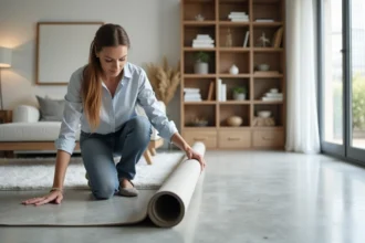Femme posant sur un sol PVC concretlook dans un salon moderne