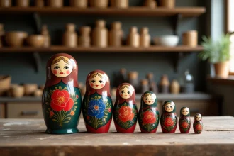 Ensemble de poupées matriochkas artisanales russes alignées par taille sur une table en chêne, avec détails peints à la main visibles