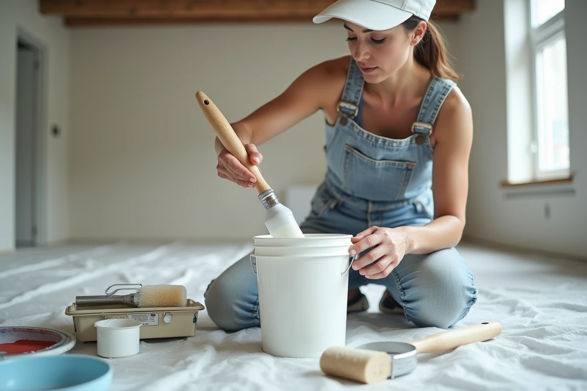 Entreprise de peinture préparant les matériaux avant de peindre un plafond, avec outils et peinture blanche au sol