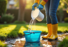 Personne versant de l'eau d'une flaque dans un seau en prévention