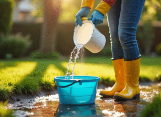 Personne versant de l'eau d'une flaque dans un seau en prévention