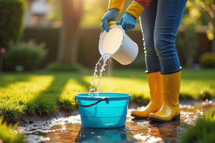 Personne versant de l'eau d'une flaque dans un seau en prévention