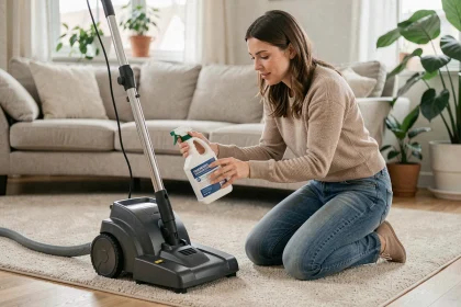 Femme lisant l'étiquette d'un produit de nettoyage pour shampouineuse de tapis dans un salon