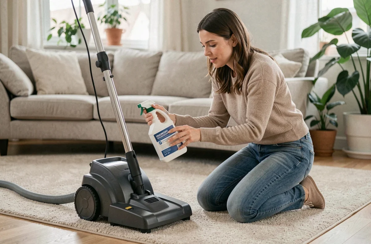Femme lisant l'étiquette d'un produit de nettoyage pour shampouineuse de tapis dans un salon