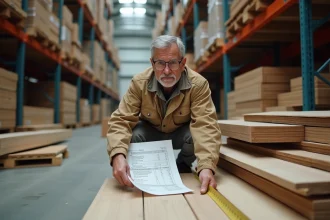 Professionnel du bâtiment comparant des prix de matériaux en mètres linéaires dans un entrepôt de matériaux de construction
