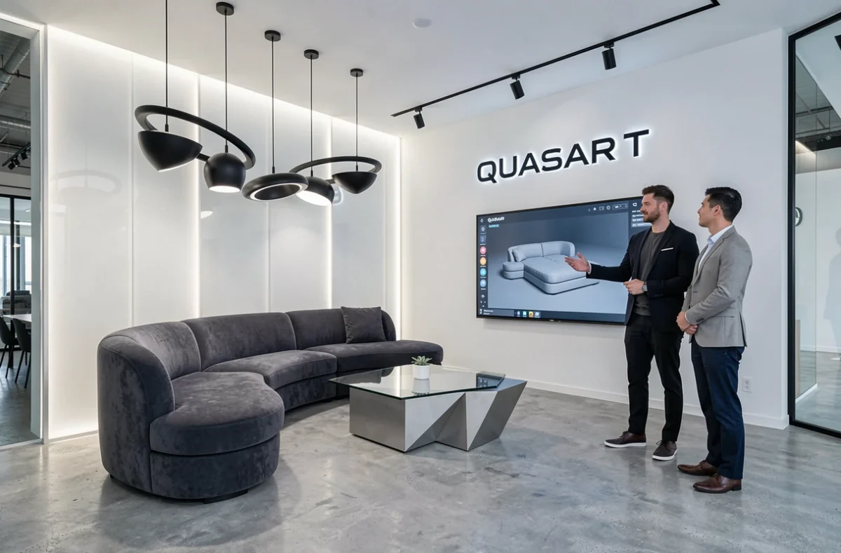 Designer de QUASAR'T présentant un concept d'intérieur futuriste en 3D avec canapé incurvé et panneau en résine rétroéclairé