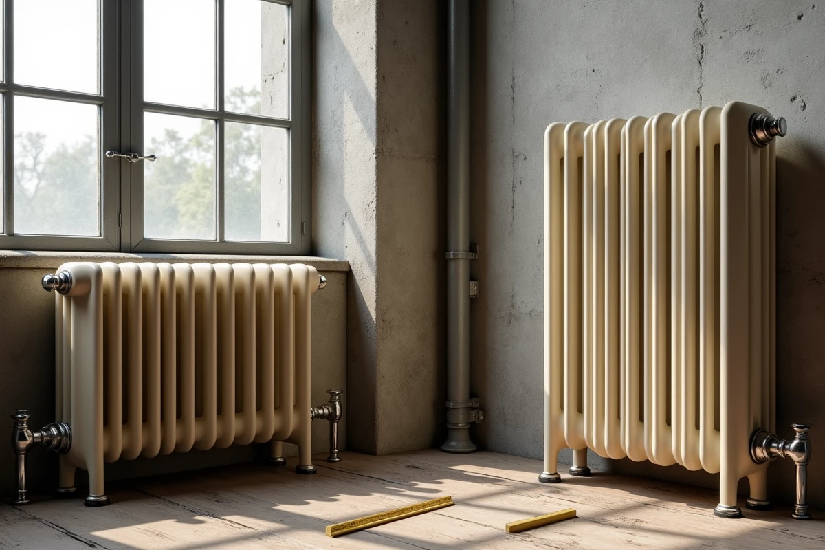 Vue grand angle de deux radiateurs anciens en fonte crème avec pieds réglables sur plancher bois brut dans un loft industriel rénové