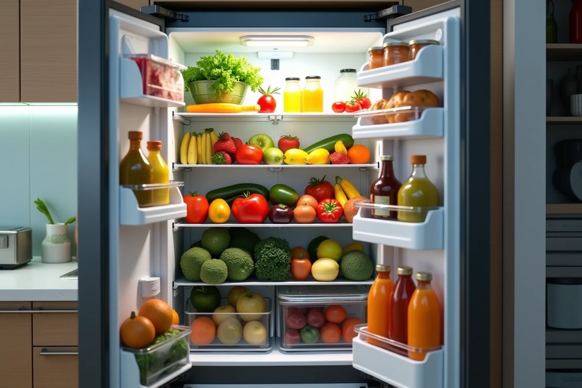 Réfrigérateur ouvert plein d'aliments et de boissons illustrant le poids d'un frigo rempli