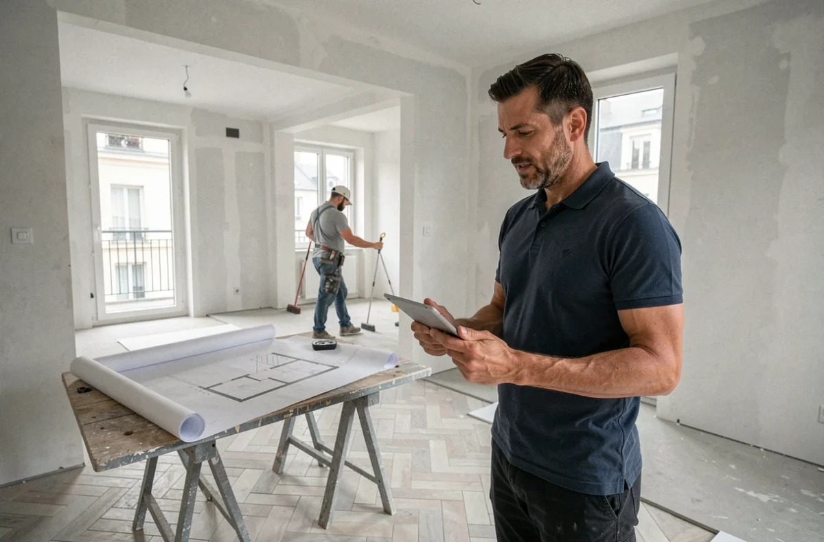 Consultant de RENO D8D supervisant un chantier de rénovation appartement avec plans architecturaux et carrelage en cours de pose