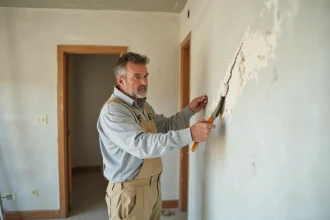 Artisan appliquant de l'enduit de rebouchage sur une fissure à l'angle entre plafond et mur dans un appartement en rénovation