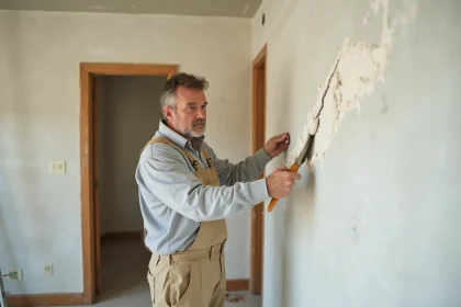 Artisan appliquant de l'enduit de rebouchage sur une fissure à l'angle entre plafond et mur dans un appartement en rénovation