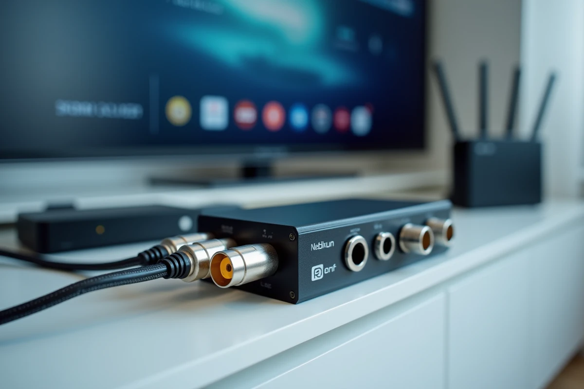 Gros plan sur un répartiteur coaxial TV à trois sorties avec câbles branchés sur une étagère