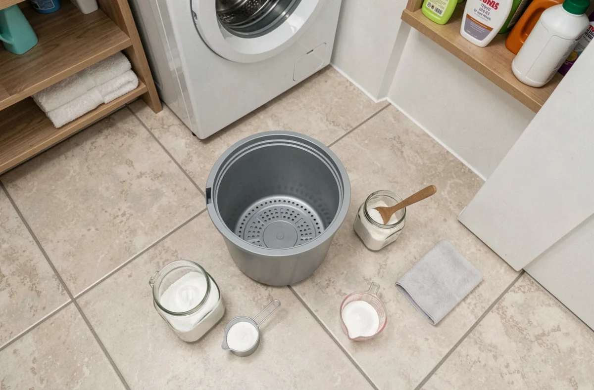 Réservoir de shampouineuse ouvert avec lessive maison artisanale et dosette de mesure sur carrelage