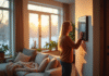 Salon chaleureux en hiver avec thermostat moderne