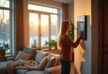 Salon chaleureux en hiver avec thermostat moderne
