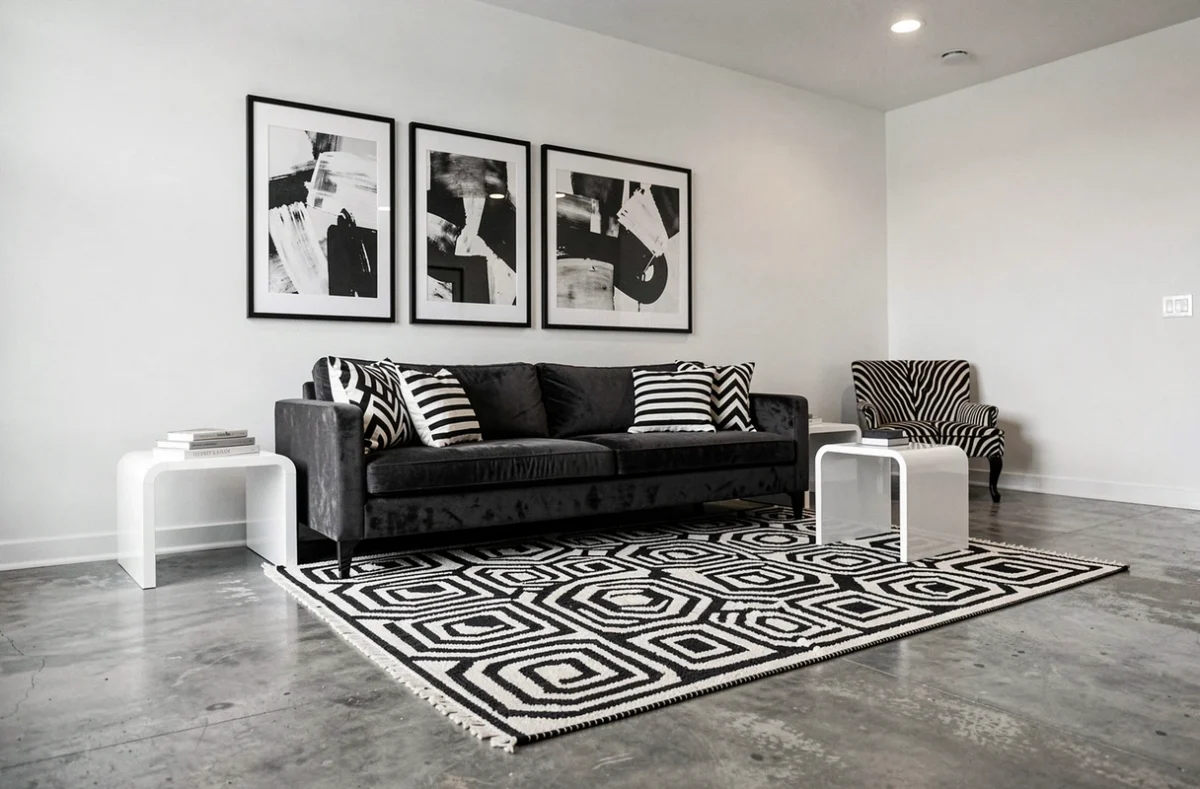 Salon graphique noir et blanc avec tapis géométrique, canapé en velours charbon et œuvres d'art abstraites en noir et blanc