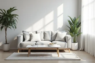 Salon moderne décoré en gris et blanc avec canapé en lin gris clair, coussins blancs et tapis en laine pale