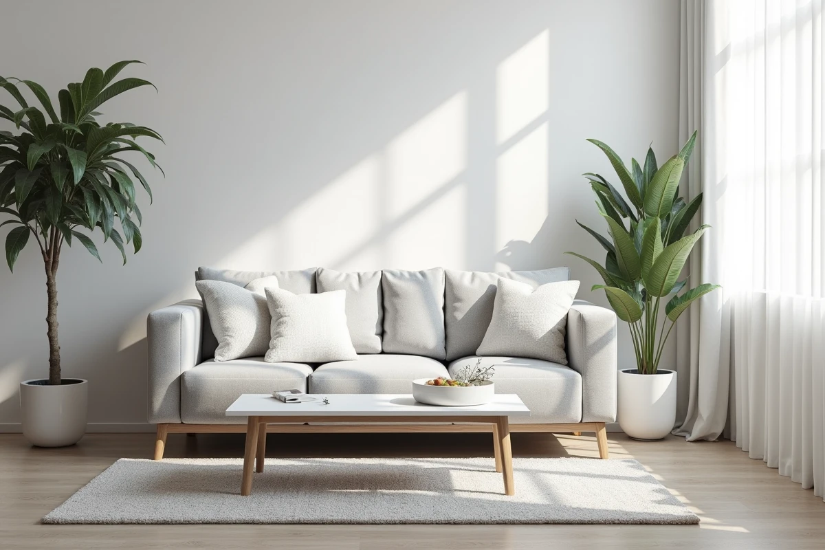 Salon moderne décoré en gris et blanc avec canapé en lin gris clair, coussins blancs et tapis en laine pale