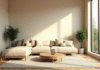 Salon moderne avec canapé beige et lumière naturelle