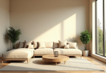 Salon moderne avec canapé beige et lumière naturelle