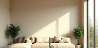 Salon moderne avec canapé beige et lumière naturelle