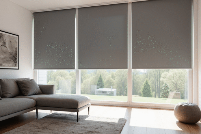 Salon moderne avec grand fenêtre et rideau roller gris