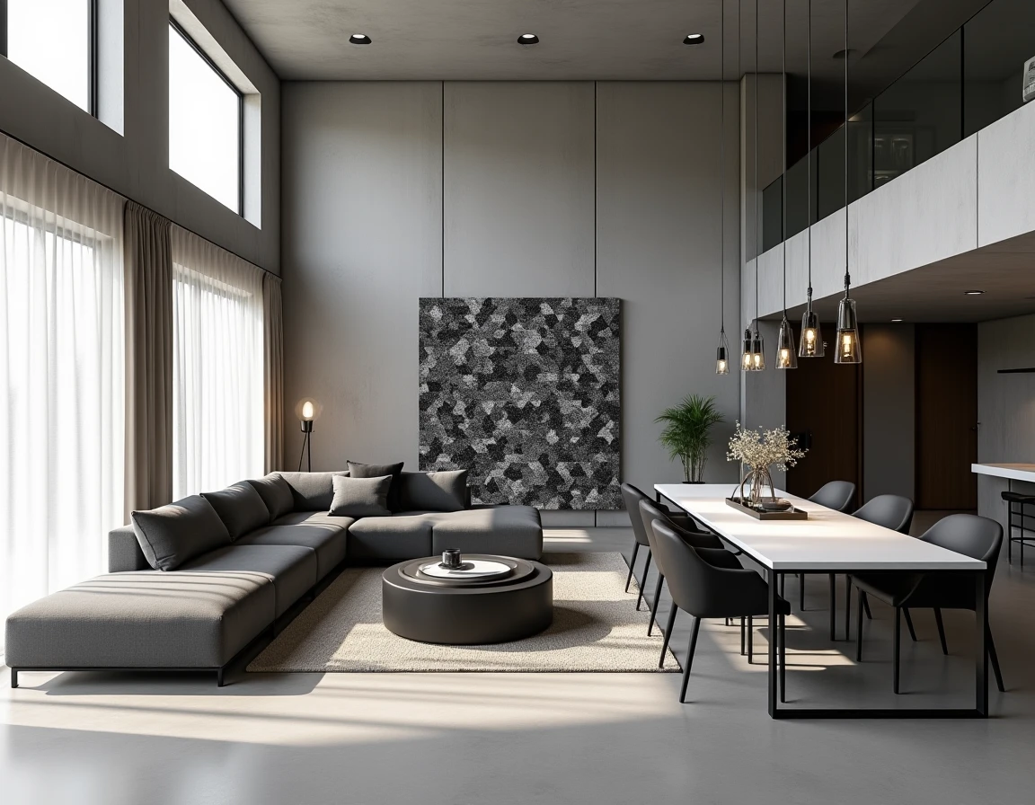 Espace salon salle à manger ouvert en camaïeu noir gris blanc avec mobilier design, fenêtres du sol au plafond et mur en carrelage géométrique