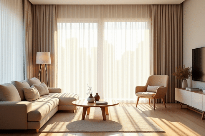 Salon moderne avec lumière naturelle et décor scandinave