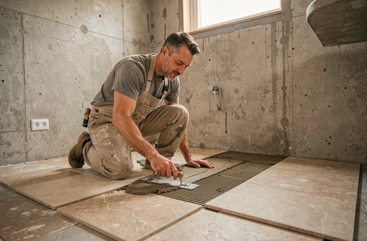 Carreleur de Salvador Michel Carrelage appliquant du mortier colle sur un sol de salle de bain pour la pose de carreaux en pierre naturelle