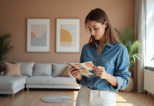 Femme choisissant des échantillons de peinture dans un salon moderne