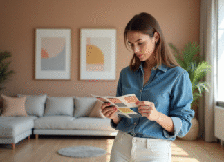 Couleurs peinture tendance Dulux 2025 : les nouveautés à découvrir ! Femme choisissant des échantillons de peinture dans un salon moderne