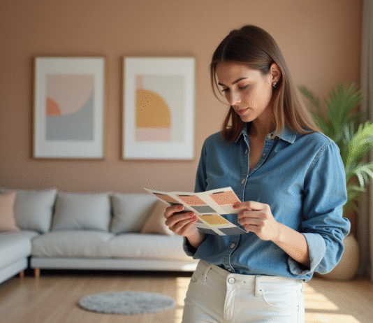 Couleurs peinture tendance Dulux 2025 : les nouveautés à découvrir ! Femme choisissant des échantillons de peinture dans un salon moderne