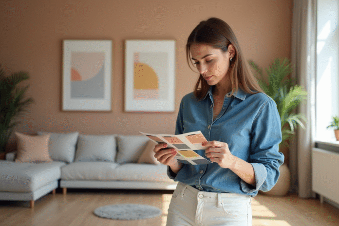 Femme choisissant des échantillons de peinture dans un salon moderne