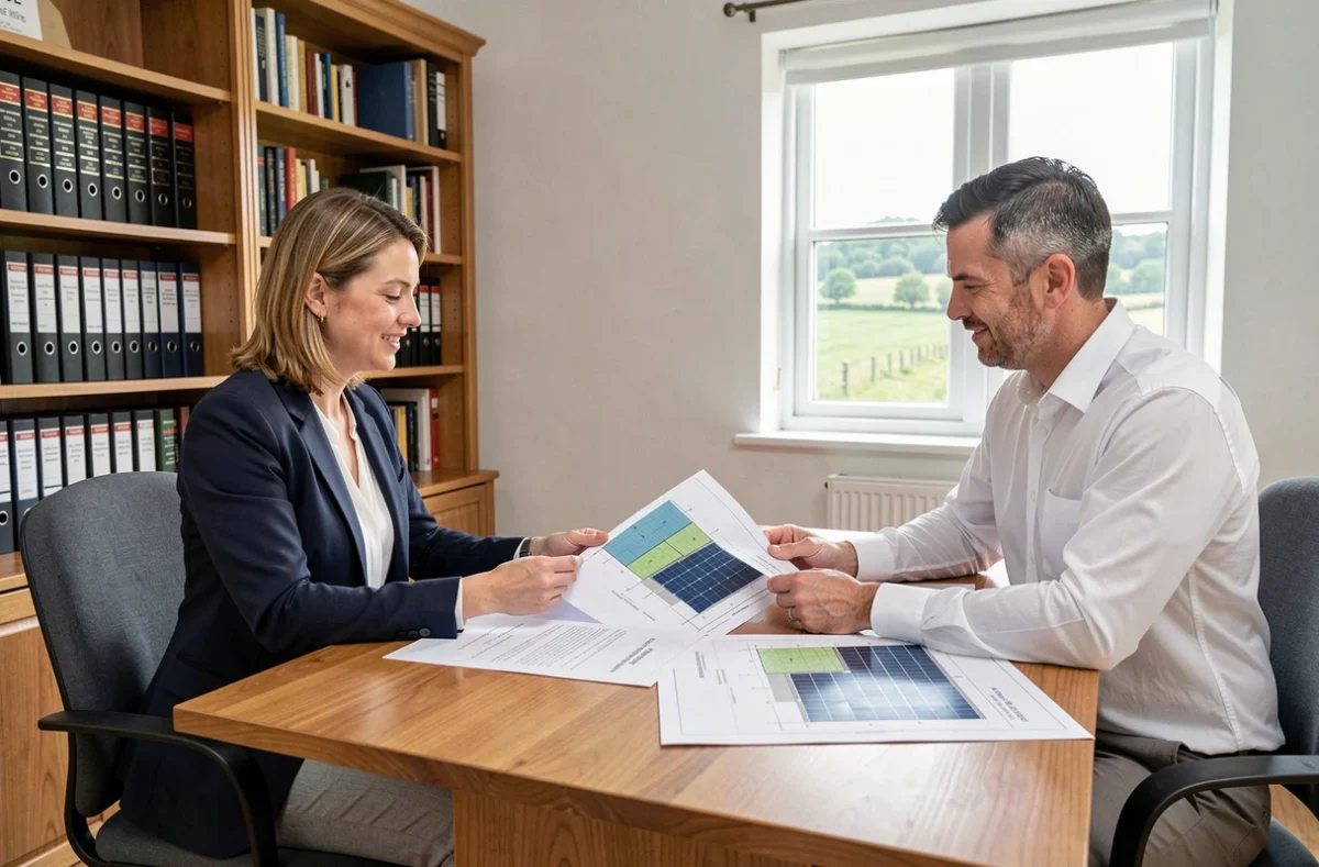 Conseillère immobilière et propriétaire terrien signant un contrat de location de terrain pour projet photovoltaïque dans un bureau notarial