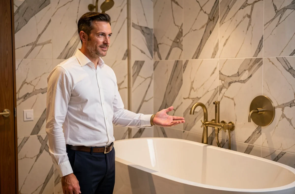 Consultant de Societe Home Paradise présentant une salle de bain haut de gamme avec baignoire îlot et robinetterie dorée