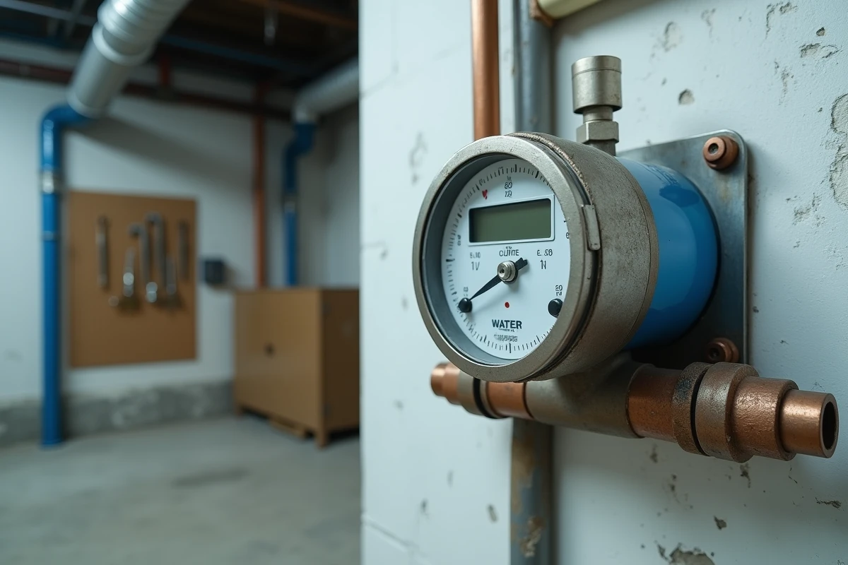 Gros plan sur un sous-compteur d'eau individuel installé dans une cave d'immeuble résidentiel